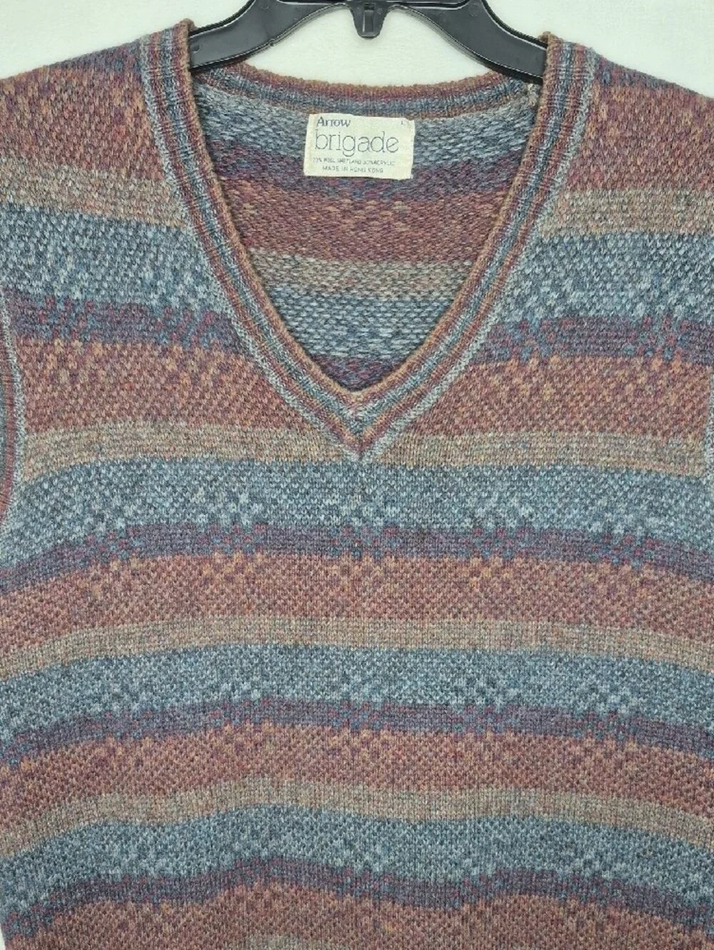 Vintage Arrow Brigade Shetland Wool Striped V Neck Sweater Vest Earthy Large